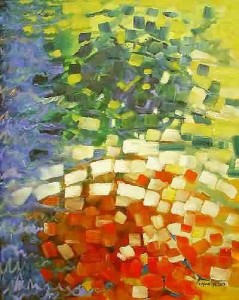 " Fruitful " inspired by: Psalm 1 vs 1 - 3. (own version) 20 Monsmart fruit in its seasons Ps 1 Blessed is the man who walks in the counsel of the godly, and stands in the way of the righteous, and sits in the seat of those whom praise Him. His delight is only in the word of God; and on the word of God he meditates day and night. And he shall be like a tree planted by the stream of living water that brings forth its fruit in its seasons, and its leaf shall not wither, and all which he does shall be blessed. Size original: 80 x 100 cm, 32 x 40 inches Medium original: Oil on canvas Monsmart Gallery NY - Exressionism in art -http://www.monsmart.com/